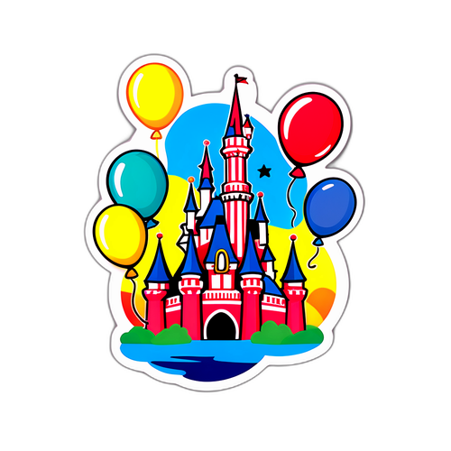 Vrolijke sticker van Disneyland Parijs met kasteel, Mickey Mouse en ballonnen