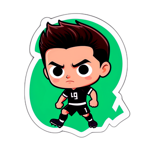 Kreativní nálepka s ilustrací Dybaly jako superhrdiny na fotbalovém hřišti