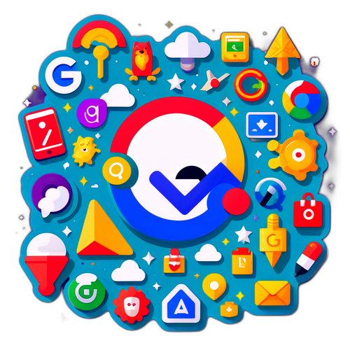 Яскравий наклейка, що зображає логотип Google з веселими іконками сервісів