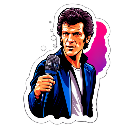 Sticker van een microfoon met achtergrond van een muziekfestival ter ere van Marc Lavoine