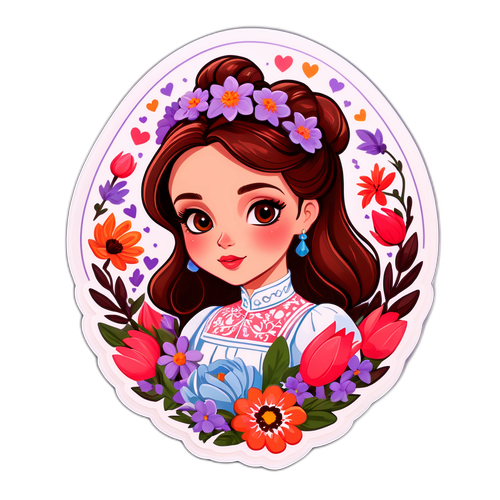 Силиконовая наклейка в романтическом стиле с Аннастасией Заворотнюк, окружённой цветами