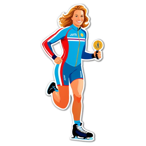 Kleurvolle sticker van Jutta Leerdam met een medaille, met de tekst 'Snelste Vrouw op Schaatsen'