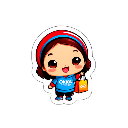 かわいいキャラクターとオカストアのロゴが買い物をする