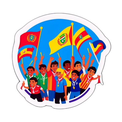 Diseño festivo mostrando a los aficionados de Sarmiento de La Banda con bufandas y banderas