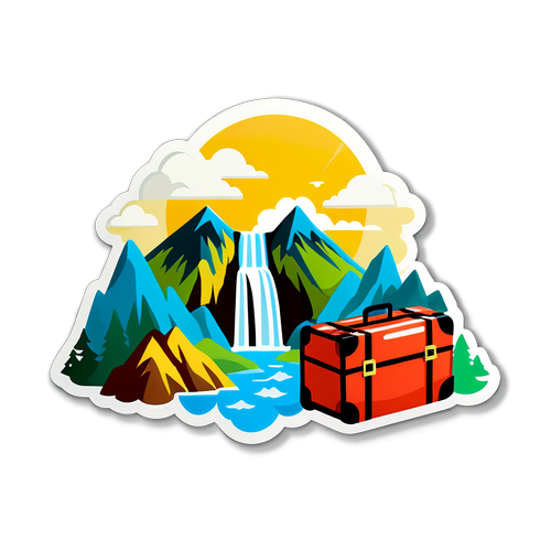 旅行冒险设计贴纸：山脉、瀑布和行李