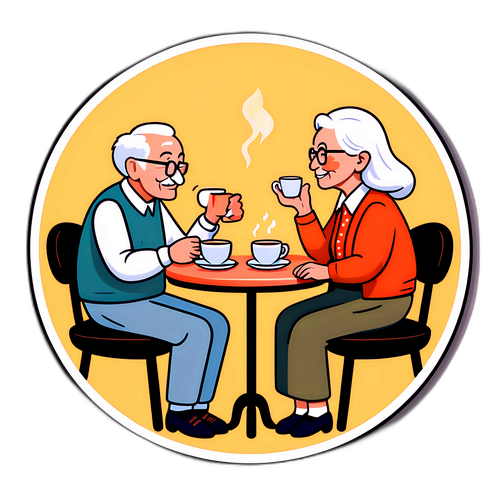 Стикер с пожилыми людьми, обсуждающими пенсии в уютном кафе
