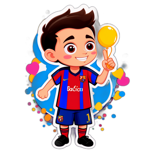 Thiết kế đáng yêu của một fan bóng đá nhí cầm biển 'Go Barca!' cùng với những mảnh confetti đầy màu sắc