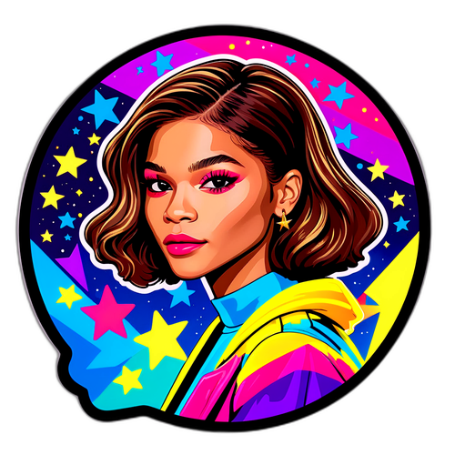 Stylizovaný portrét Zendayi s hvězdami a neonovými barvami