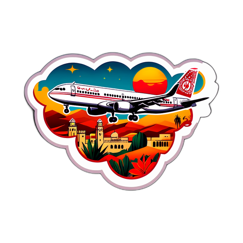 Autocollant représentant un avion Royal Air Maroc survolant des paysages emblématiques du Maroc