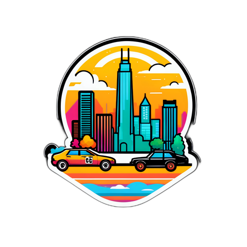 Minimalist klistremerke av GTA 6-logo med bylandskap