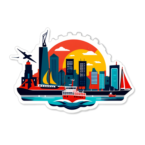 Creatieve sticker van Rotterdam met skyline en schepen in de haven