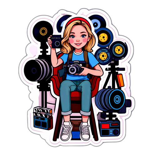 Dynamic naklejka przedstawiająca Sydney Sweeney w otoczeniu filmowych rekwizytów