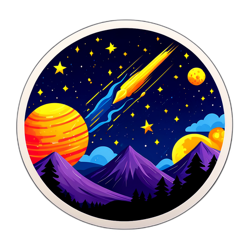 Kreativní design nálepky s tématem Perseid, zobrazující meteorické roje a noční hvězdnou oblohu