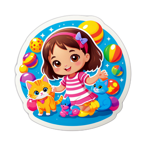 Nálepka s malou holčičkou a koťátky