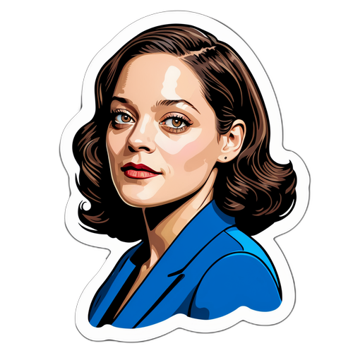 Autocollant illustrant Marion Cotillard dans un rôle emblématique avec un fond de cinéma classique