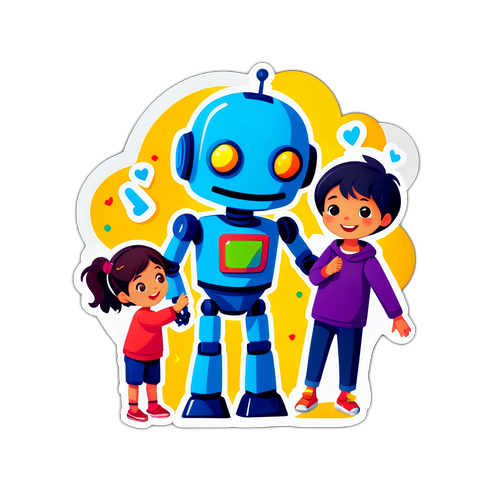 ロボットと子供たちが遊んでいるカラフルなステッカー
