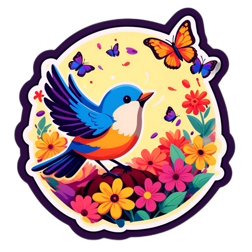 小鳥在盛開的花朵上唱歌