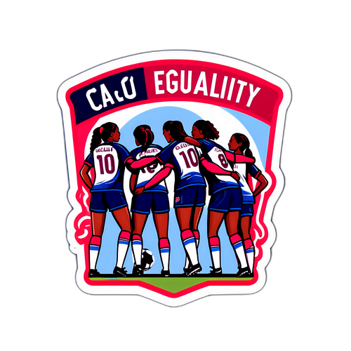 A sticker featuring a women's football team inspired by Cagliari, promoting equality in sports, with a strong message