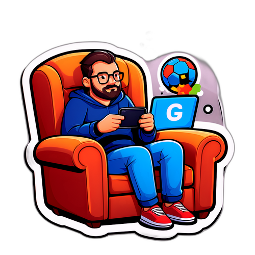 הוא צופה בשידור חי של כדורגל בטלפון שלו, מרוכז במהלך ישיבה בכורסה נוחה