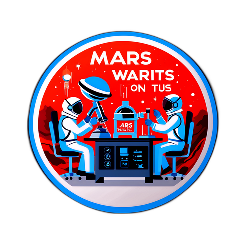 Futuristische sticker van Marswetenschappers die een experiment uitvoeren