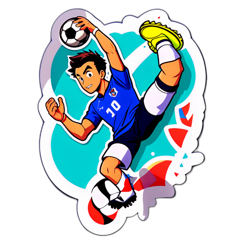 Sticker ilustrando a Ugo Blanchet haciendo una jugada acrobática en fútbol en estilo anime