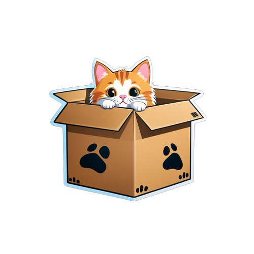 Adorable Cat Peeking from a Cardboard Box Sticker