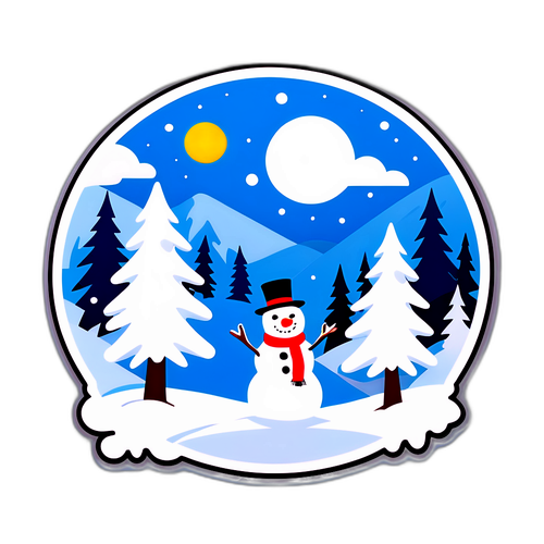 Winterlandschaft mit verschneiten Bäumen und einem fröhlichen Schneemann