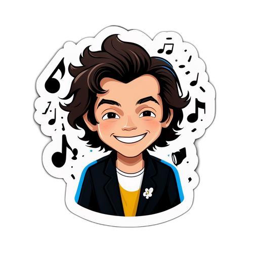 Cartone animato di Harry Styles con fan e note musicali