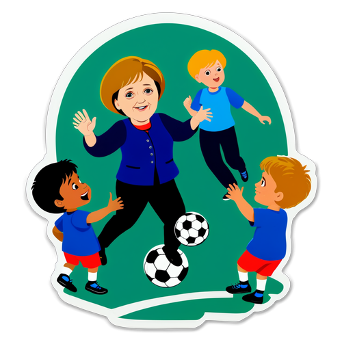 Humorvolle Aufkleber mit Angela Merkel beim Fußballspielen mit Kindern