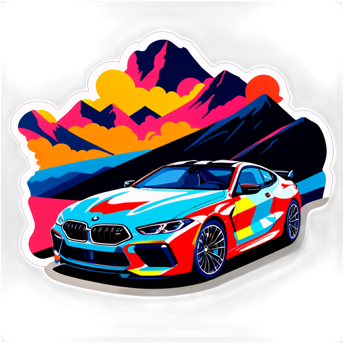 Ilustrație vibrantă a unei BMW M8 pe un drum montan