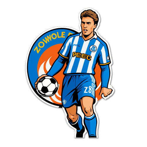 Sticker met het PEC Zwolle-logo en een achtergrond van een actievolle voetbalwedstrijd