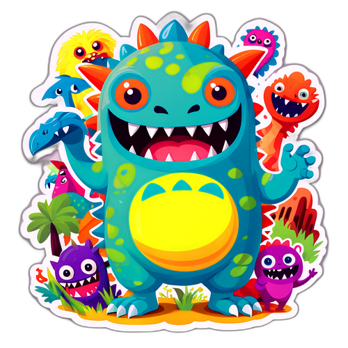 Funky Cartoon of Zilla Fatu with Playful Monsters