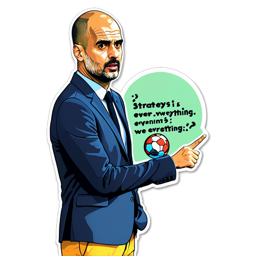 Pep Guardiola på en taktiktafel med texten 'Strategi är allt'