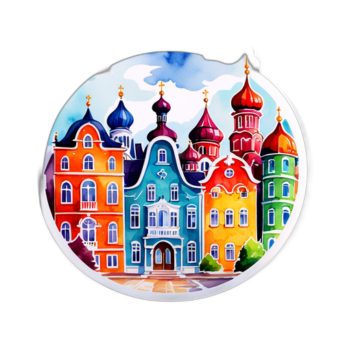 Sticker met de mooie gebouwen van Pokrovsk in aquarelstijl