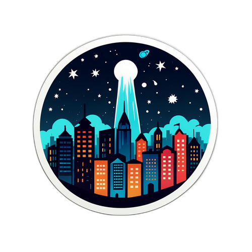 Kreativní nálepka s kometou nad městem