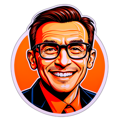 Portret Marka Kondrata z charakterystycznym uśmiechem i okularami na pomarańczowym tle