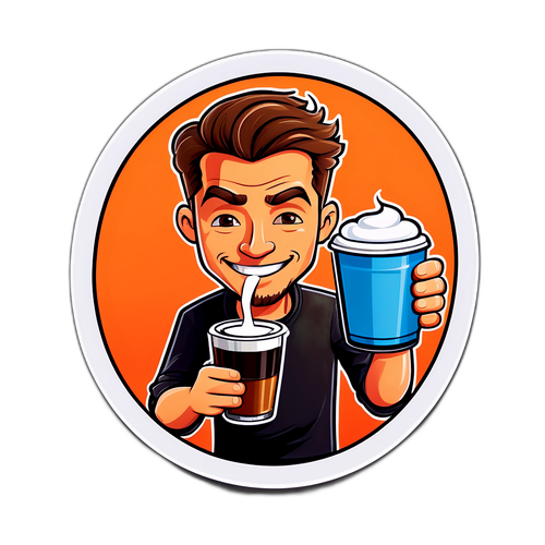 Legesyg cartoon klistermærke af Frederik Cilius i en kaffebar