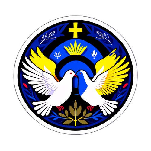 Sticker reprezentând pacea cu simboluri din Rusia și Ucraina