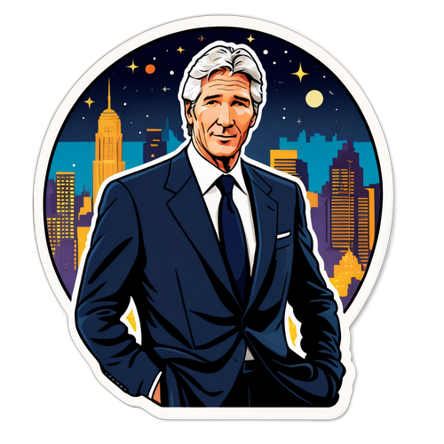 Sticker mit Richard Gere in elegantem Anzug vor einer glamourösen Stadtlandschaft
