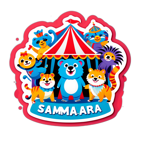 Стикер с веселыми животными на цирковом представлении с элементами самарской культуры