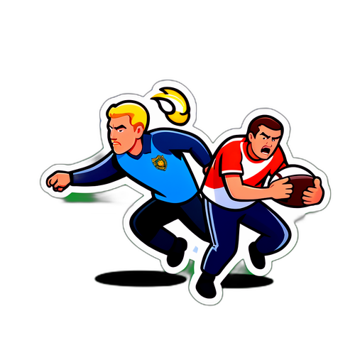 สติกเกอร์การ์ตูนที่แสดงฉากการหลบหนีการจับกุมในสนามฟุตบอล