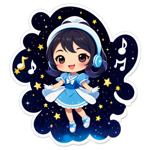 星空の下で歌うさゆりのキャラクター、幻想的な音符の星たちが輝く！