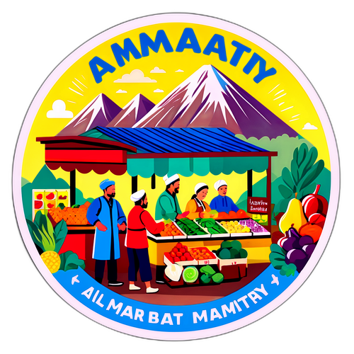 Autocollant d'Almaty avec ses marchés colorés