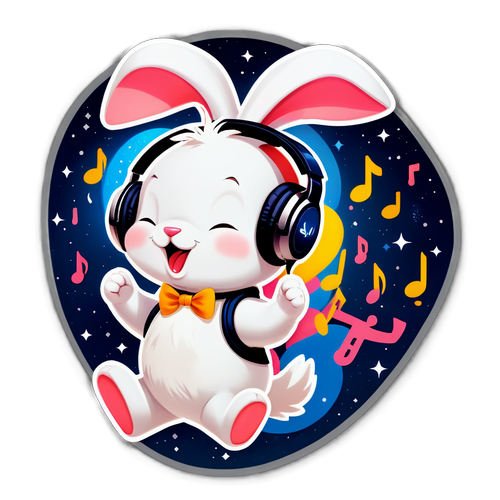 卡通兔子戴着耳机听音乐