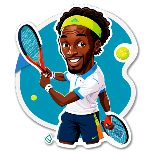 Illustration d'un autocollant de Gaël Monfils avec sa raquette sur un fond dynamique de court de tennis