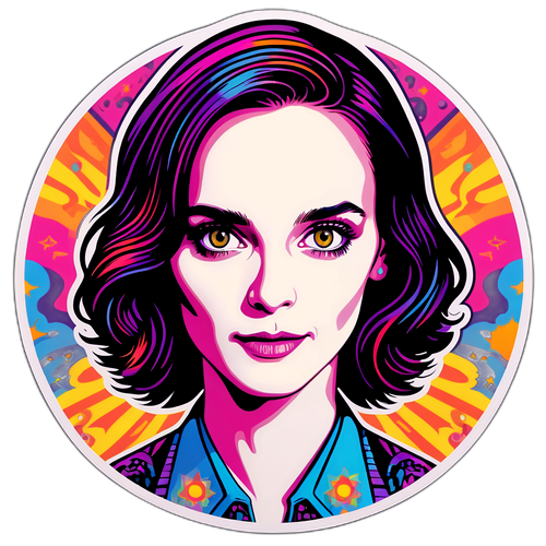 Portrait artistique de Winona Ryder avec fond psychédélique