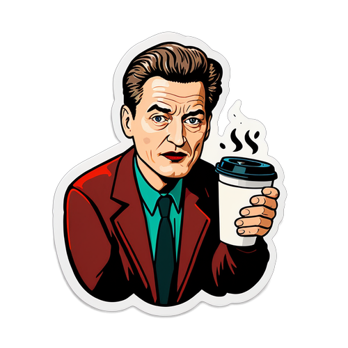 Ilustración de un personaje de Twin Peaks con la frase icónica '¿Qué pasa con el café?'