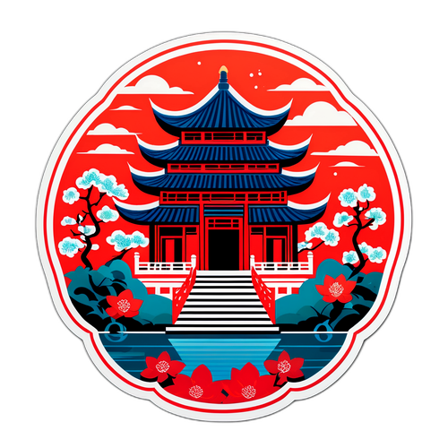 華中古典建築和美麗花卉主題貼紙