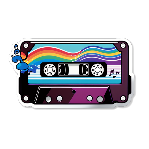 Retro Cassette Tape with Rainbow Waves and Musical Notes