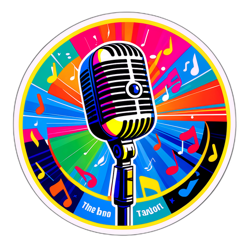 Crea un adesivo pop art vibrante con un microfono e note musicali colorate con la tagline 'The X Factor'